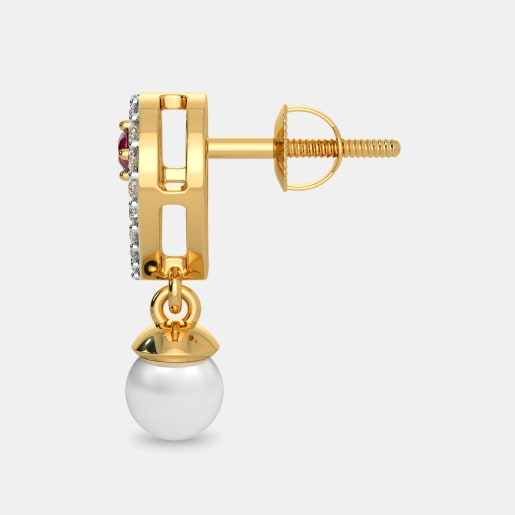 Diamond , Ruby And White Pearl Earring In Yellow Gold (3.46 Gram) With Diamonds (0.256 Ct)